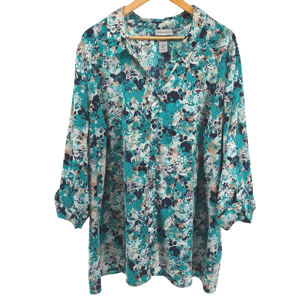 Catherines Plus‎ Size 3X 26/28W Teal Floral Button Front Top Roll Tab Sleeves